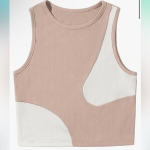 Women's Color Block Round Neck Sleeveless Ribbed Crop Tank Top Khaki White